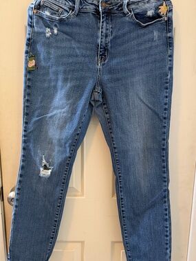 Judy Blue Medium Blue Skinny Jeans with Floral Embroidery